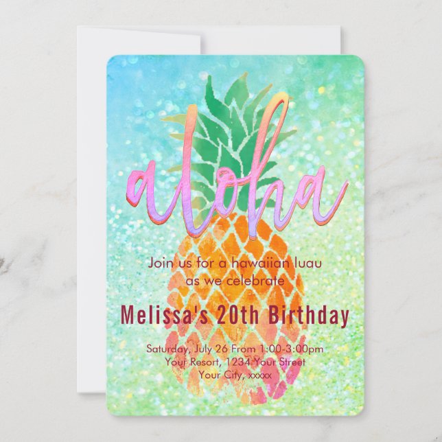 luau birthday party watercolor pineapple invitation (Front)