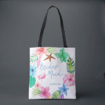 Luau destination wedding bidesmaid floral tropical tote bag<br><div class="desc">Pink blue and green colourful Hawaiian hibiscus wreath,  a pink watercolor flamingo bird and a starfish making a pretty bridesmaid favour tote bag for a summer seaside / ocean beach / aloha luau destination wedding with aqua blue calligraphy script and editable text. Personalize it with your details!</div>