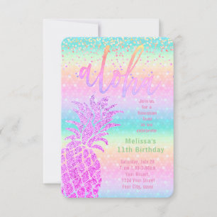 luau faux purple glitter pineapple birthday party invitation