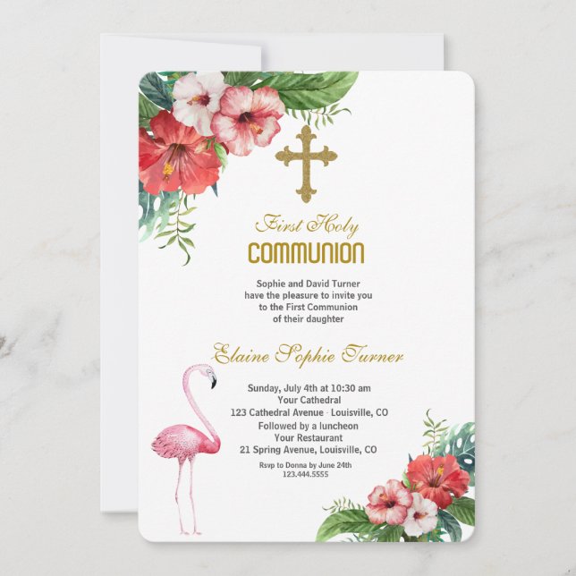 Luau Flamingo Tropical Floral Holy Communion Invitation (Front)