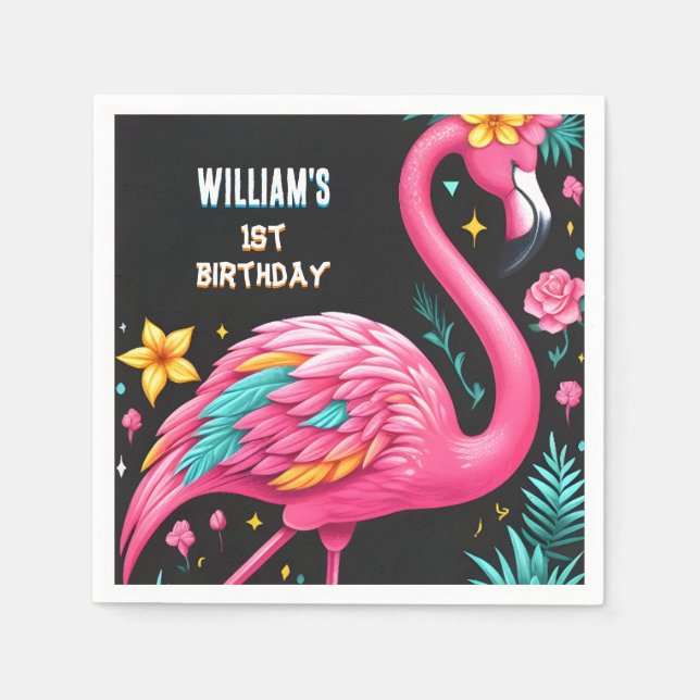 Luau Fly Pink Flamingo Pool Party 1st birthday Napkin (Front)