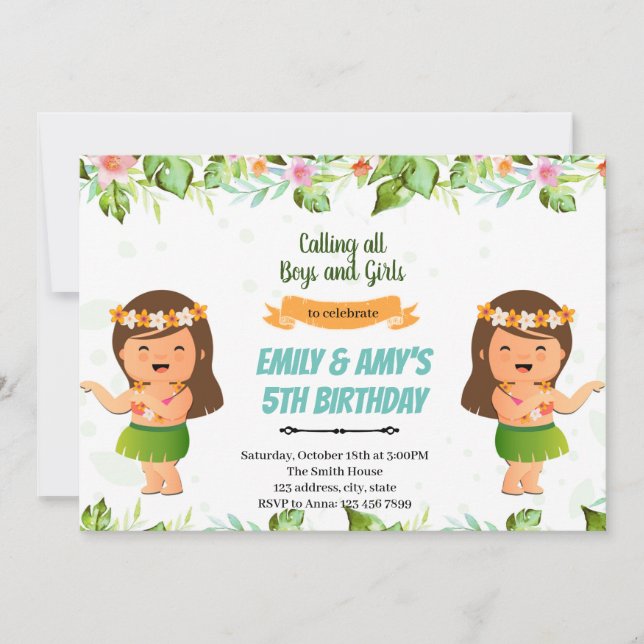 Luau girls or twins joint birthday invitation (Front)