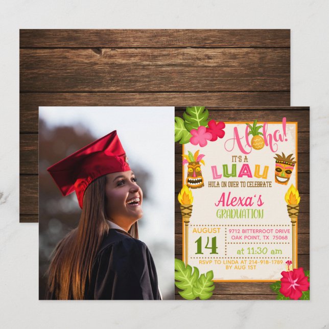 Luau Graduation Invitation with Photo - Girl (Front/Back)