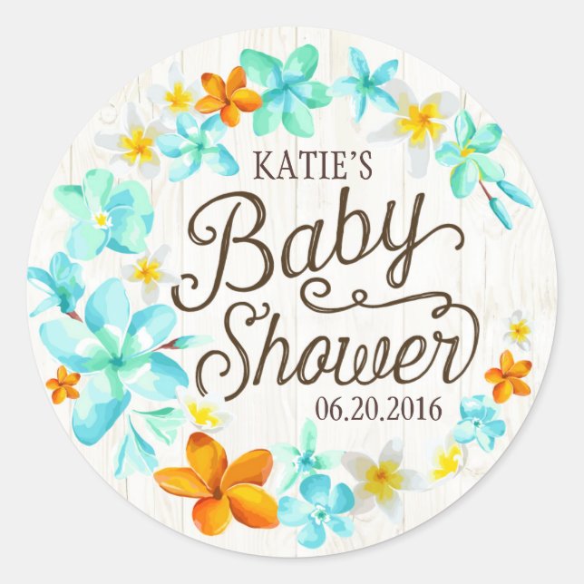Luau Hawaiian Lei Rustic Baby Shower Label (Front)
