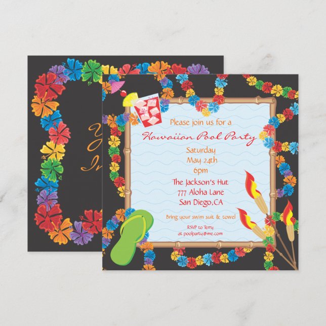 Luau Hawaiian Pool Party Invitation Card (Devant / Derrière)