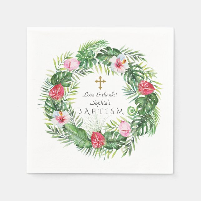 Luau Hawaiian Tropical Flowers Wreath Baptism Napkin (Front)