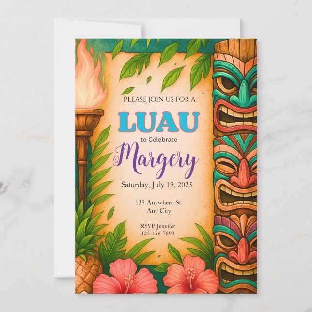 Luau Party Invitation, Editable Tropical Tiki Invi Invitation (Front)