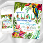 Luau Party Invitations<br><div class="desc">Luau invitations with beautiful watercolor tropical parrot and flamingos on a colourful tropical flower and leaf background.This tropical luau birthday party invitation is easily customized for your event by simply adding your details. You can also change the background colour on the front of this beautiful watercolor luau invitation.</div>