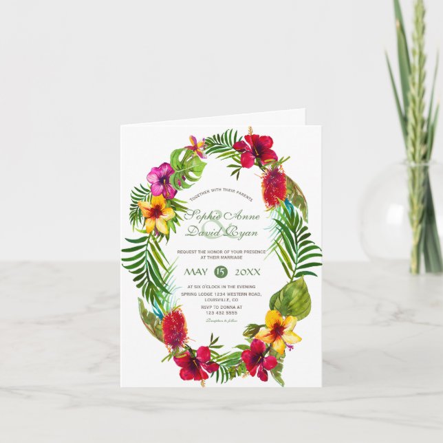 Luau Radiant Tropical Floral Wreath Wedding Invitation (Front)