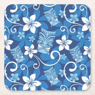 LUAU TIKI PATTERN (BRIGHT BLUE) SQUARE PAPER COASTER