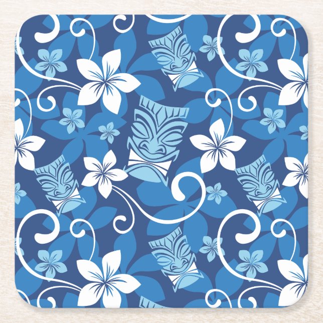 LUAU TIKI PATTERN (BRIGHT BLUE) SQUARE PAPER COASTER (Front)