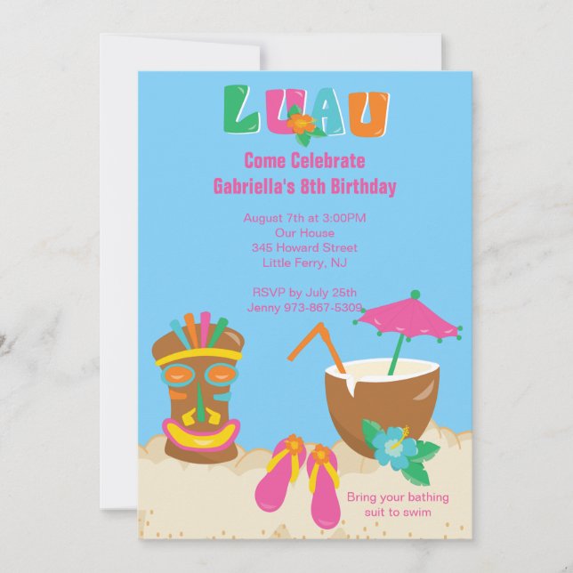 Luau Tiki Sur la plage Invitation Anniversaire (Devant)