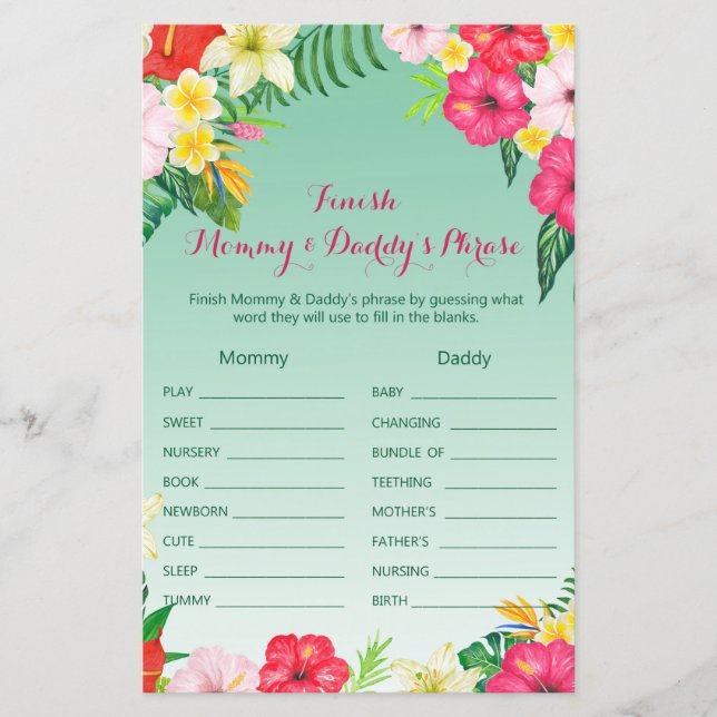 Luau Tropical Baby Shower Game PRINTED (Front)