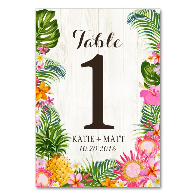 Luau Tropical Floral Rustic Wood Table Number (Front)