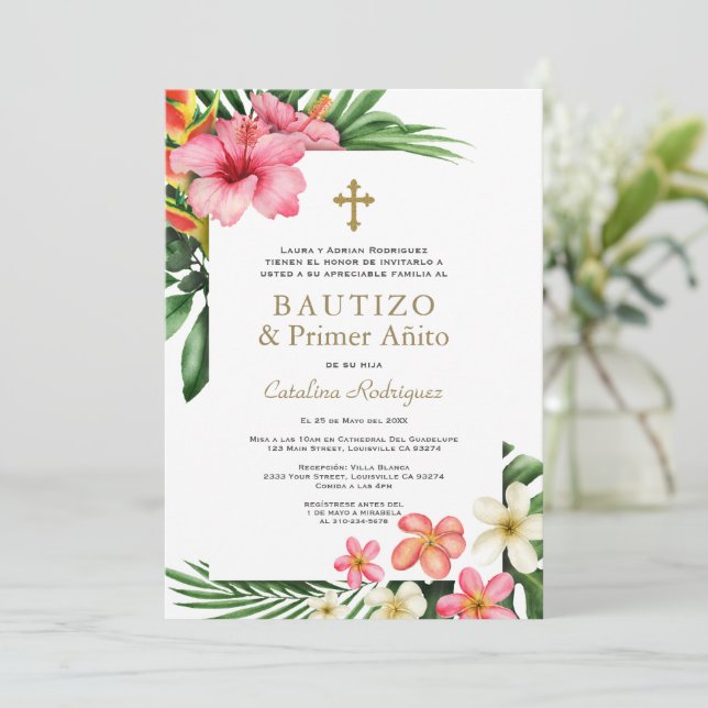 Luau Tropical Garden Spanish 1st Birthday Baptism  Invitation (Standing Front)