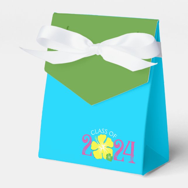 Luau Tropical Hibiscus Graduation Blue Favor Box (Front Side)
