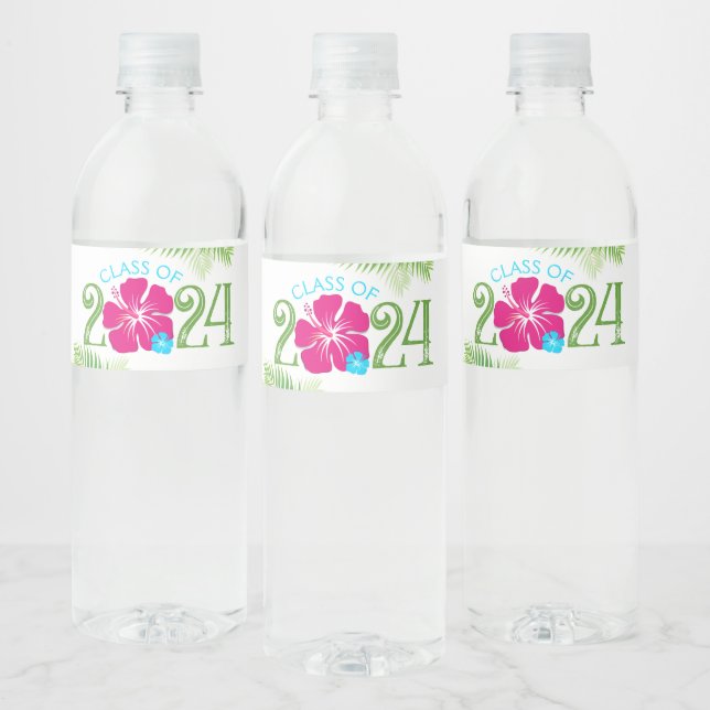 Luau Tropical Hibiscus White Graduation Water Bottle Label (Bottles)