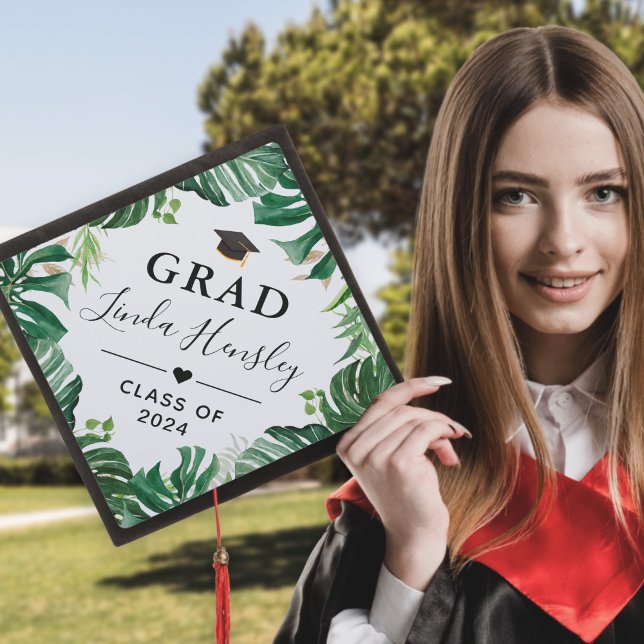Luau Tropical Leaves | Class of 2024 Graduate Graduation Cap Topper (Creator Uploaded)