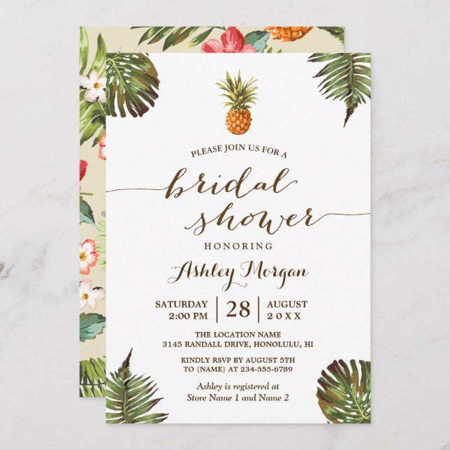 Luau Tropical Leaves Pineapple Bridal Shower Invitation (Front/Back)