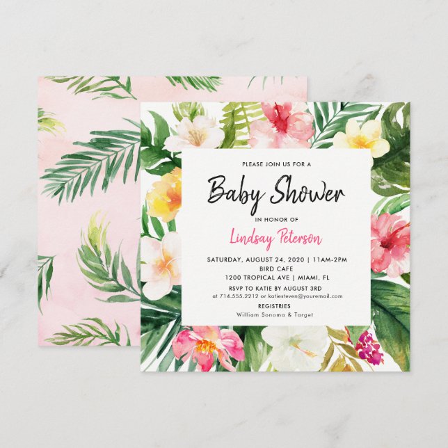 Luau Tropical Leaves Summer Square Baby Shower Invitation (Front/Back)