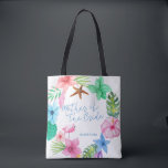 Luau tropical wedding mother of the bride tote bag<br><div class="desc">Pink blue and green colourful Hawaiian hibiscus wreath, a pink watercolor flamingo bird and a starfish making a pretty mother of the bride favour tote bag for a summer seaside / ocean beach / aloha luau destination wedding with aqua blue calligraphy script and editable text. Personalize it with your details!...</div>
