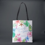 Luau tropical wedding mother of the groom tote bag<br><div class="desc">Pink blue and green colourful Hawaiian hibiscus wreath, a pink watercolor flamingo bird and a starfish making a pretty mother of the groom favour tote bag for a summer seaside / ocean beach / aloha luau destination wedding with aqua blue calligraphy script and editable text. Personalize it with your details!...</div>