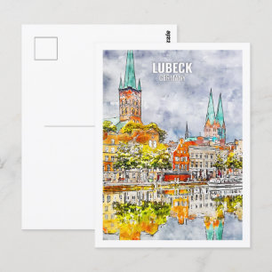 Lubeck Germany Famous Travel Watercolor Sketch Postcard