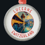 Lucerne Switzerland Retro Distressed Circle Metal Ornament<br><div class="desc">Lucerne retro vector travel design. Lucerne,  a compact city in Switzerland known for its preserved medieval architecture,  sits amid snowcapped mountains on Lake Lucerne.</div>