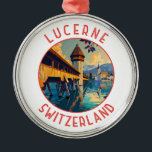 Lucerne Switzerland Retro Distressed Circle Metal Ornament<br><div class="desc">Lucerne retro vector travel design. Lucerne,  a compact city in Switzerland known for its preserved medieval architecture,  sits amid snowcapped mountains on Lake Lucerne.</div>