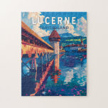 Lucerne Switzerland Travel Art Vintage Jigsaw Puzzle<br><div class="desc">Lucerne retro vector travel design. Lucerne,  a compact city in Switzerland known for its preserved medieval architecture,  sits amid snowcapped mountains on Lake Lucerne.</div>