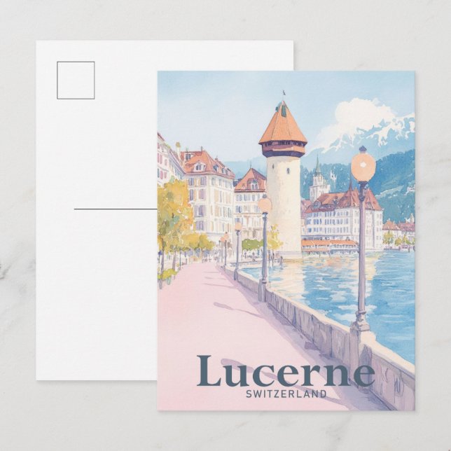 Lucerne Switzerland Watercolor Travel Illustration Postcard (Front/Back)