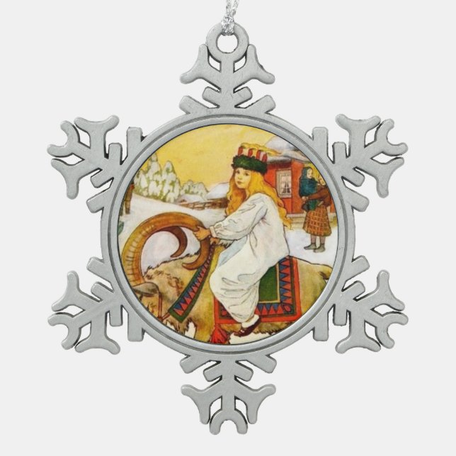 Lucia Rides the Jul Goat Snowflake Pewter Christmas Ornament (Front)