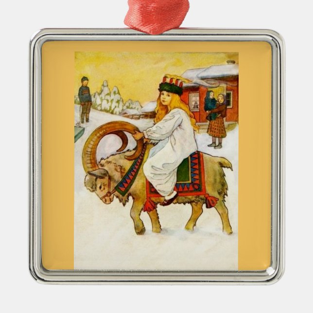 Lucia Riding a Christmas Goat Metal Ornament (Front)