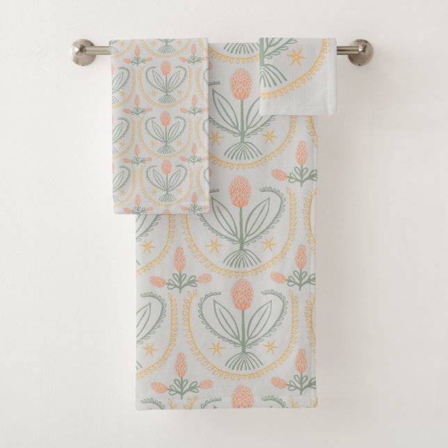 Lucile Floral Botanical Tile Pattern Soft Grey Bath Towel Set (Insitu)