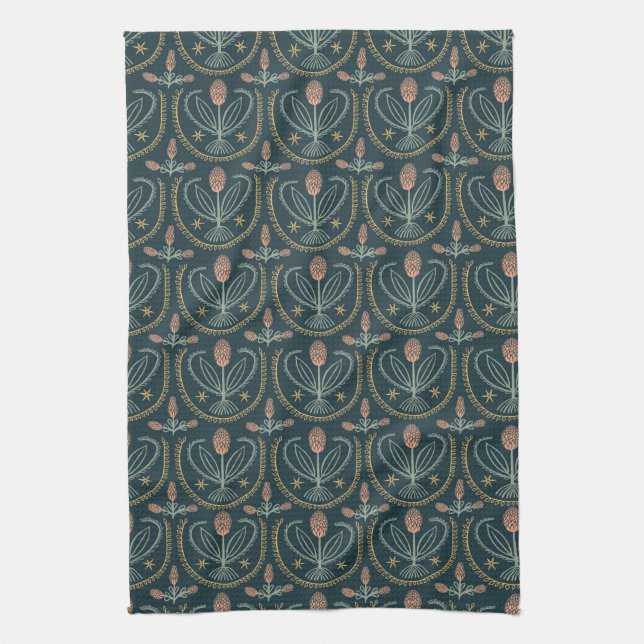 Lucile Flower Tile Dark Green Pattern Kitchen Towel (Vertical)
