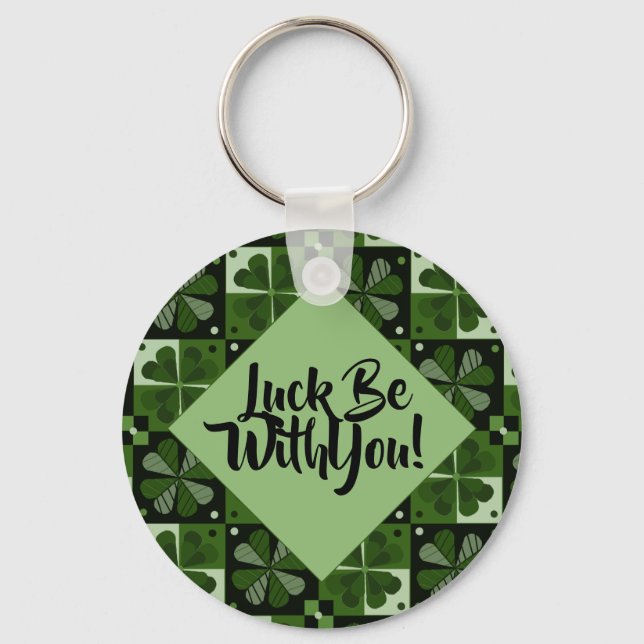 Luck Be With You Shamrock Chequerboard Pattern Keychain (Front)
