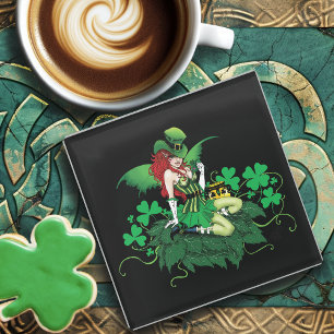 Luck Irish Green Fairy Red Hair Shamrock Glass Coaster