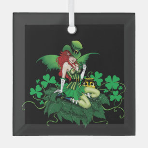 Luck Irish Green Fairy Red Hair Shamrock Glass Ornament