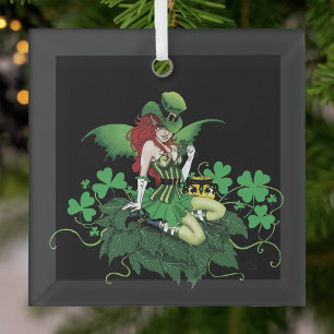 Luck Irish Green Fairy Red Hair Shamrock Glass Ornament
