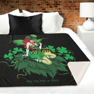 Luck Irish Green Fairy Red Hair Shamrock Sherpa Blanket