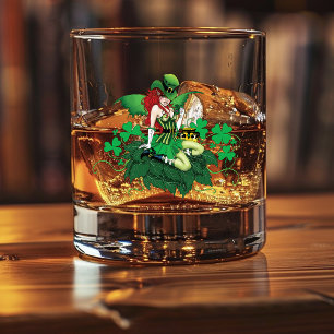 Luck Irish Green Fairy Red Hair Shamrock  Whiskey Glass