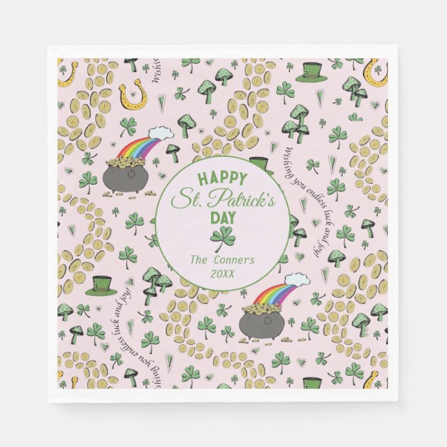 Luck & Joy Coins & Green Shamrocks St Patricks Day Napkin (Front)