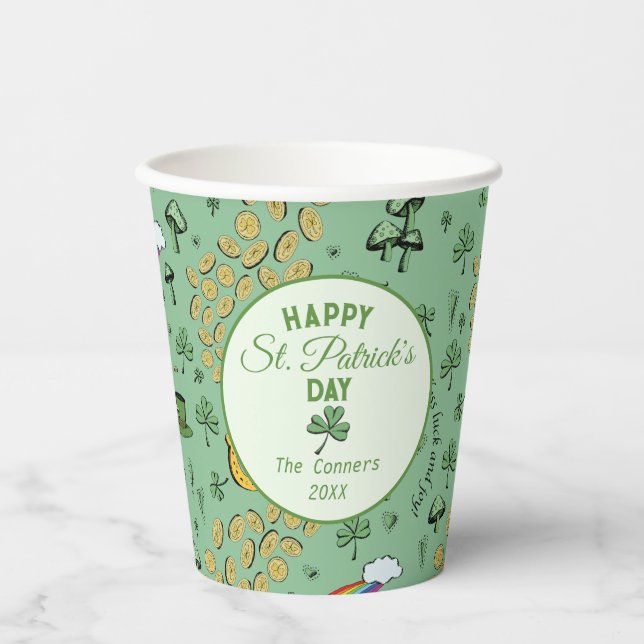 Luck & Joy Coins & Green Shamrocks St Patricks Day Paper Cups (Front)