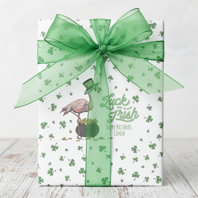 Luck of the Irish Flamingo Shamrock Wrapping Paper (Luck of the Irish Lucky Green Shamrock Wrapping Paper for March or St Patrick's Day Birthday Party)