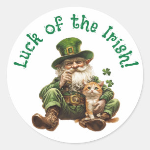 Luck of the Irish Round Sticker Cat & Leprechaun