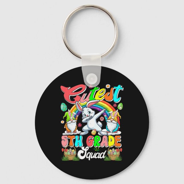Luckiest 5th Grade Squad Easter Dabbing Gnomes Bun Keychain (Front)