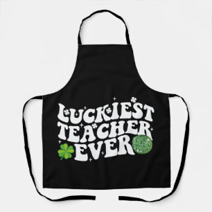 Luckiest Teacher Ever Disco Ball Shamrock Groovy Apron