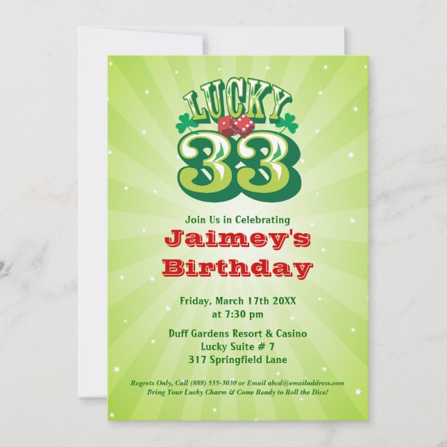 Lucky 33 - Custom Birthday Party Invitation (Front)
