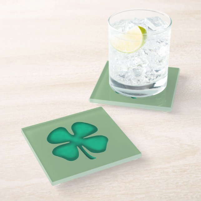 Lucky 4 Leaf Irish Clover green glass coaster (Angled)