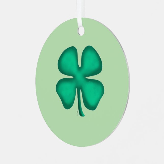 Lucky 4 Leaf Irish Clover green rnd metal ornament (Front Left)